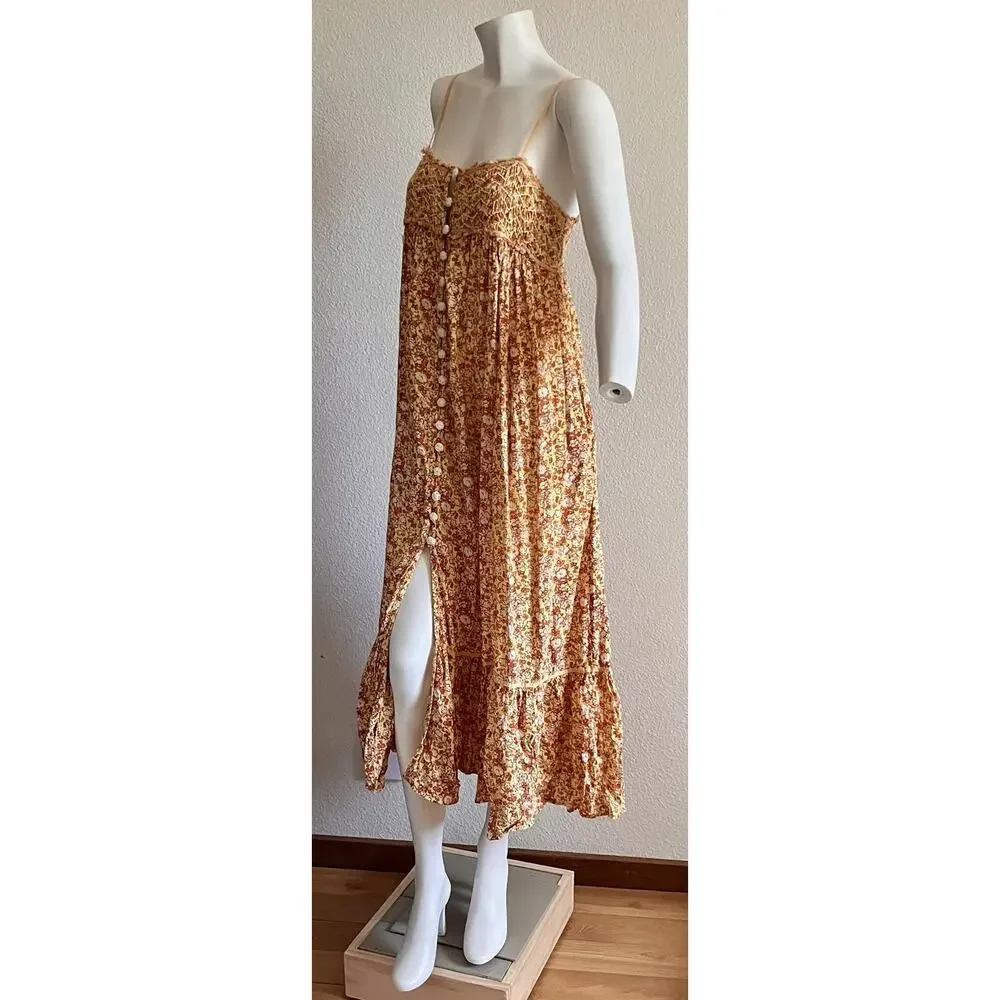 Free People Molly Jo Floral Maxi Dress Womens XL Smocked Open Back Boho